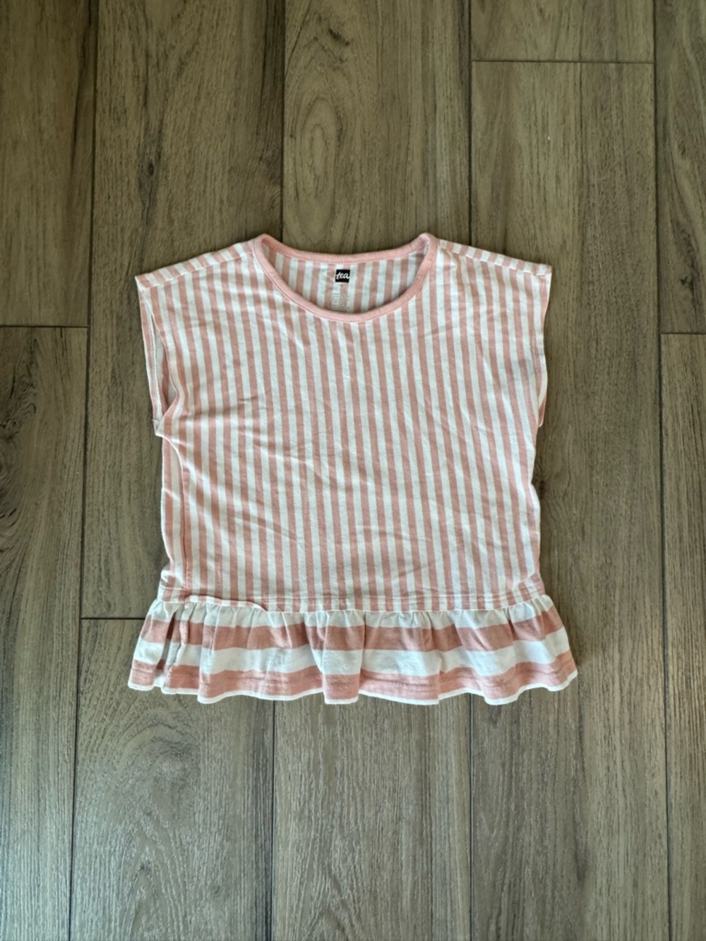 Tea Collection Pink & White Striped Ruffle Hem Tee